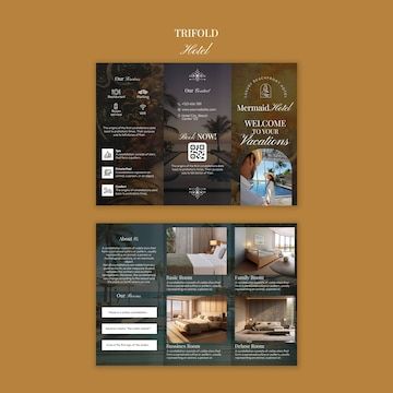 Broschyr i tre delar för hotellmarknadsföring med bilder och text.